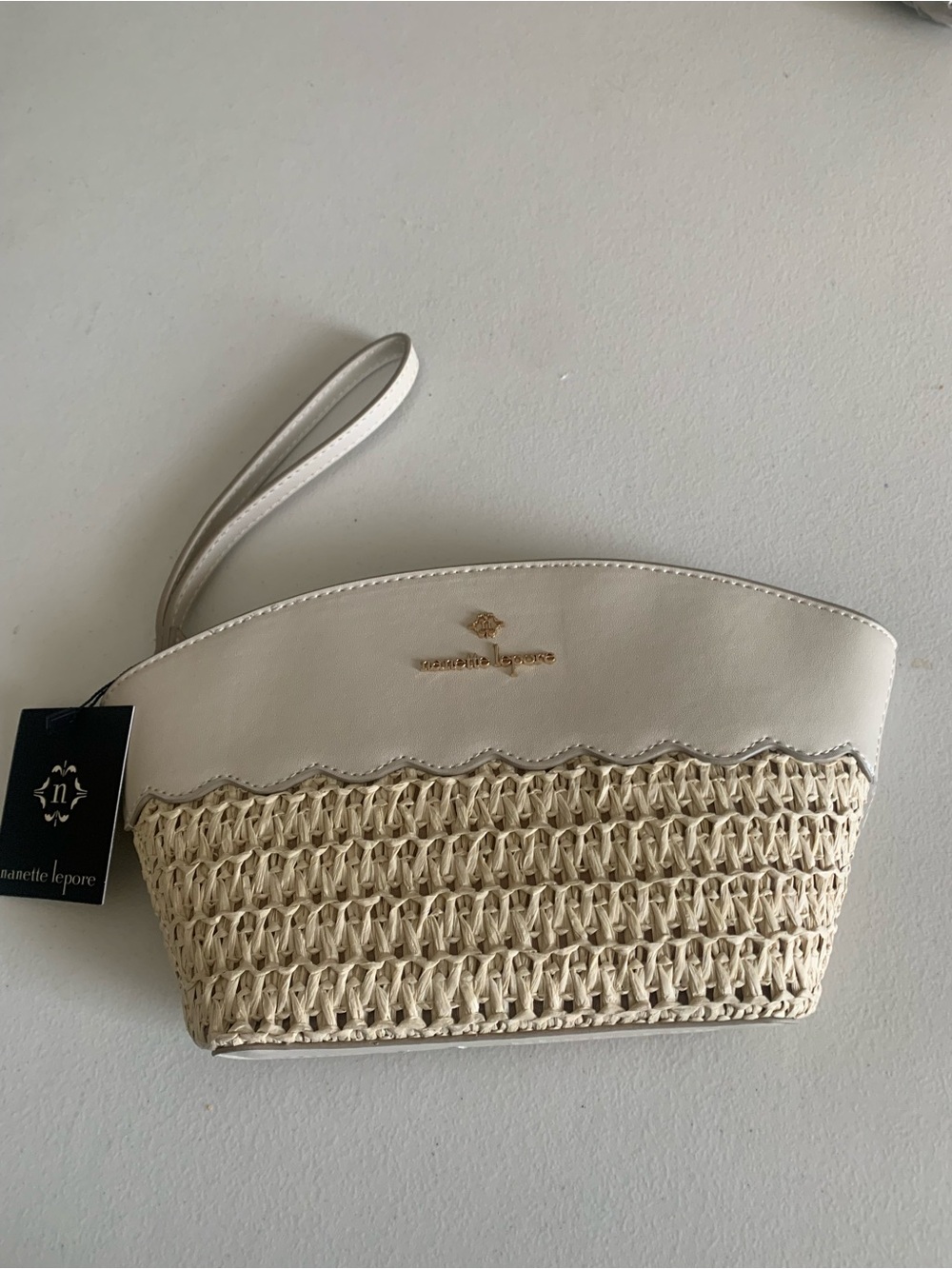 Nanette Lepore Cream Natural Straw Rice Wristlet with Gold Logo